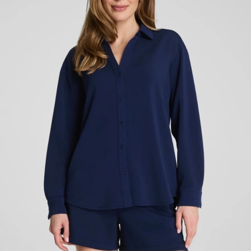 Spanx Airessentials oversized button down top shirt navy blue long sleeves